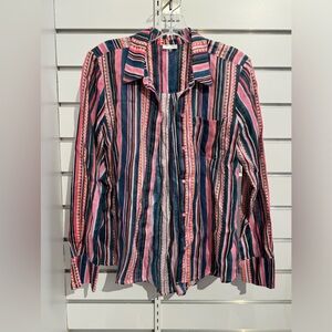 Ecru Pink and Blue Striped Women’s Button‎ Up Shirt
